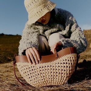 Polene Cream and Brown Woven Leather-Trim Tote